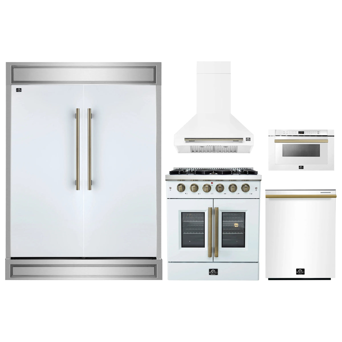Forno 5-Piece Appliance Package - 30-inch Gas Range, Hood, Refrigerator, Dishwasher and 24-Inch Microwave Drawer in White with Antique Brass Trim