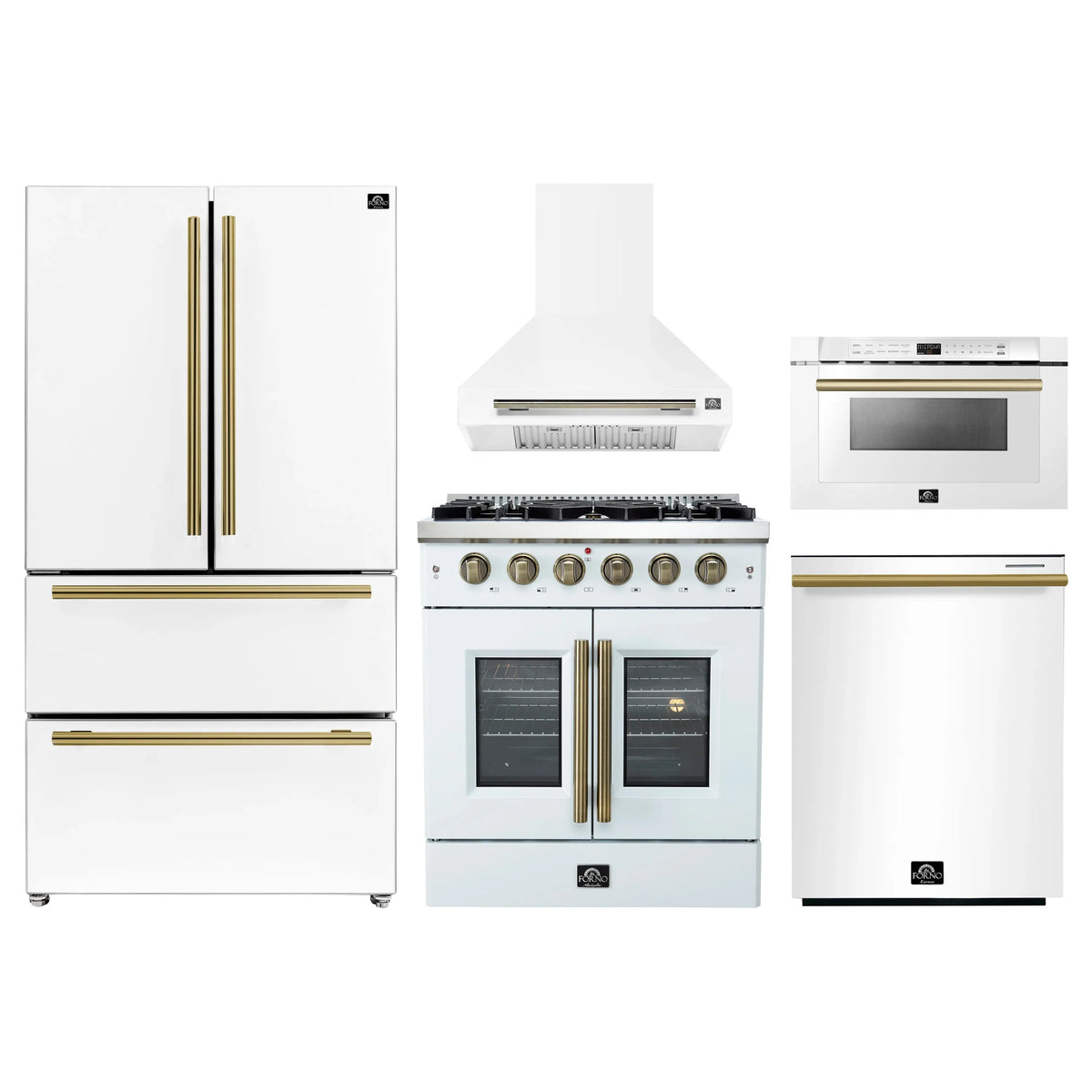 Forno 5-Piece Appliance Package - 30-inch Gas Range, Hood, Refrigerator, Dishwasher and 24-Inch Microwave Drawer in White with Antique Brass Trim