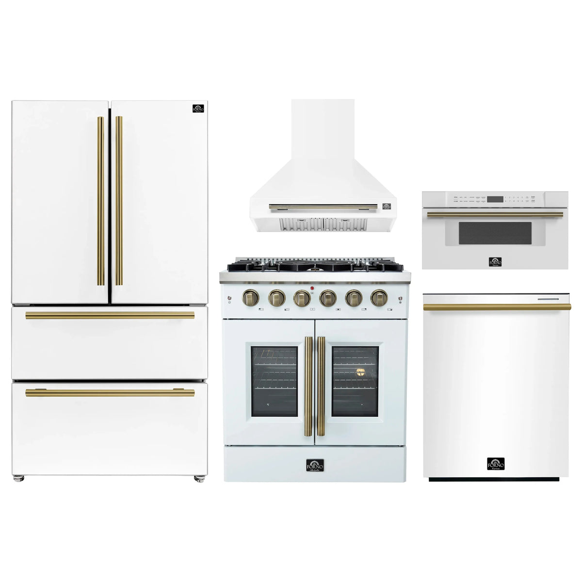 Forno 5-Piece Appliance Package - 30-inch Gas Range, Hood, Refrigerator, Dishwasher and 30-Inch Microwave Drawer in White with Antique Brass Trim
