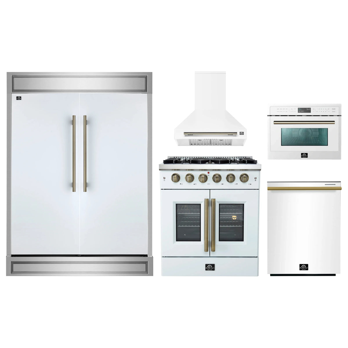 Forno 5-Piece Appliance Package - 30-inch Gas Range, Hood, Refrigerator, Dishwasher and 24-Inch Microwave Oven in White with Antique Brass Trim