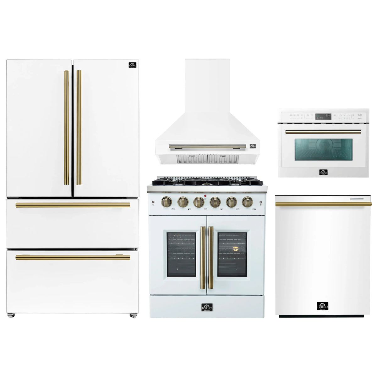 Forno 5-Piece Appliance Package - 30-inch Gas Range, Hood, Refrigerator, Dishwasher and 24-Inch Microwave Oven in White with Antique Brass Trim