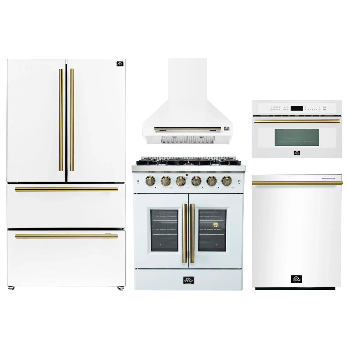 Forno 5-Piece Appliance Package - 30-inch Gas Range, Hood, Refrigerator, Dishwasher and 30-Inch Microwave Oven in White with Antique Brass Trim