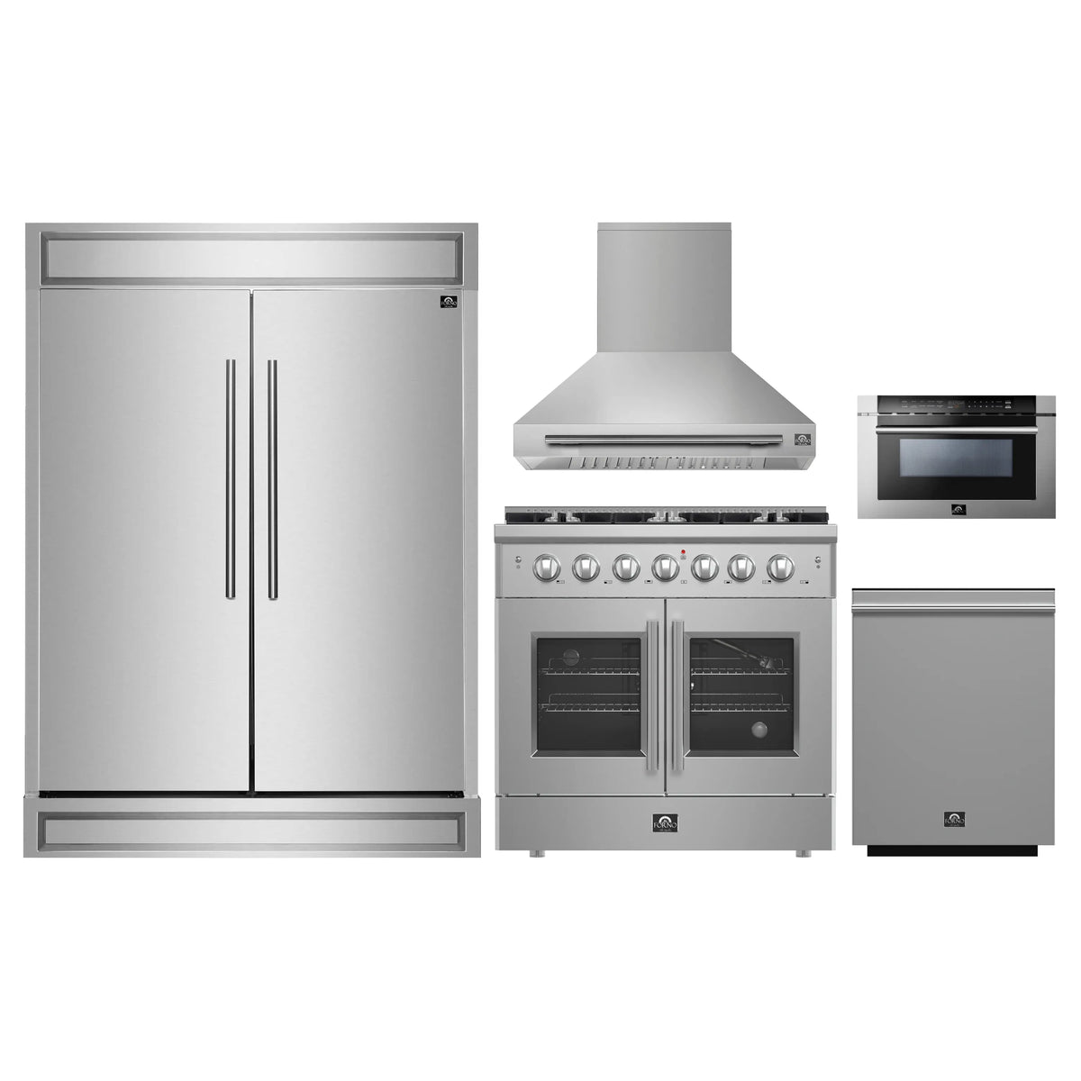 Forno 5-Piece Appliance Package - 36-inch Gas Range, Hood, Refrigerator, Dishwasher and 24-Inch Microwave Drawer in Stainless Steel