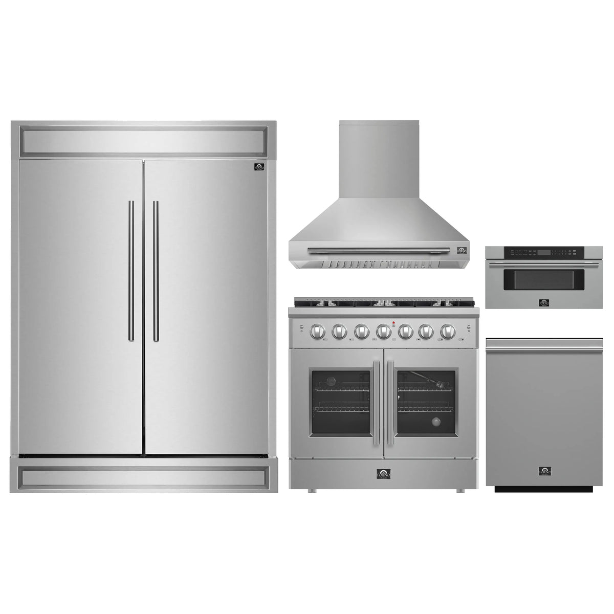Forno 5-Piece Appliance Package - 36-inch Gas Range, Hood, Refrigerator, Dishwasher and 30-Inch Microwave Drawer in Stainless Steel