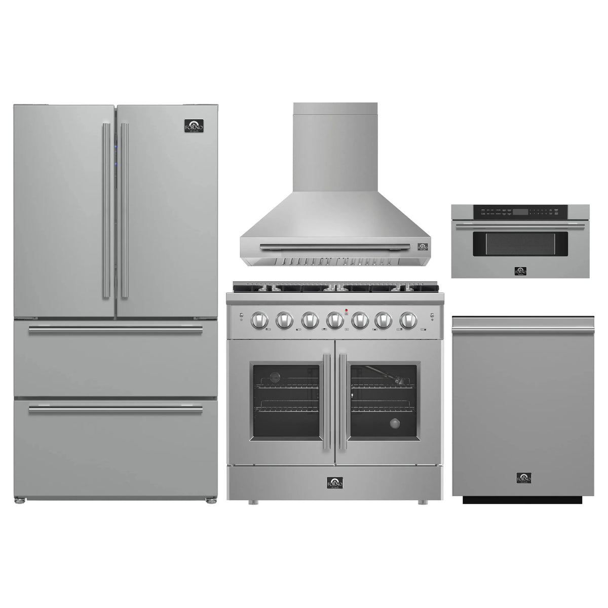 Forno 5-Piece Appliance Package - 36-inch Gas Range, Hood, Refrigerator, Dishwasher and 30-Inch Microwave Drawer in Stainless Steel