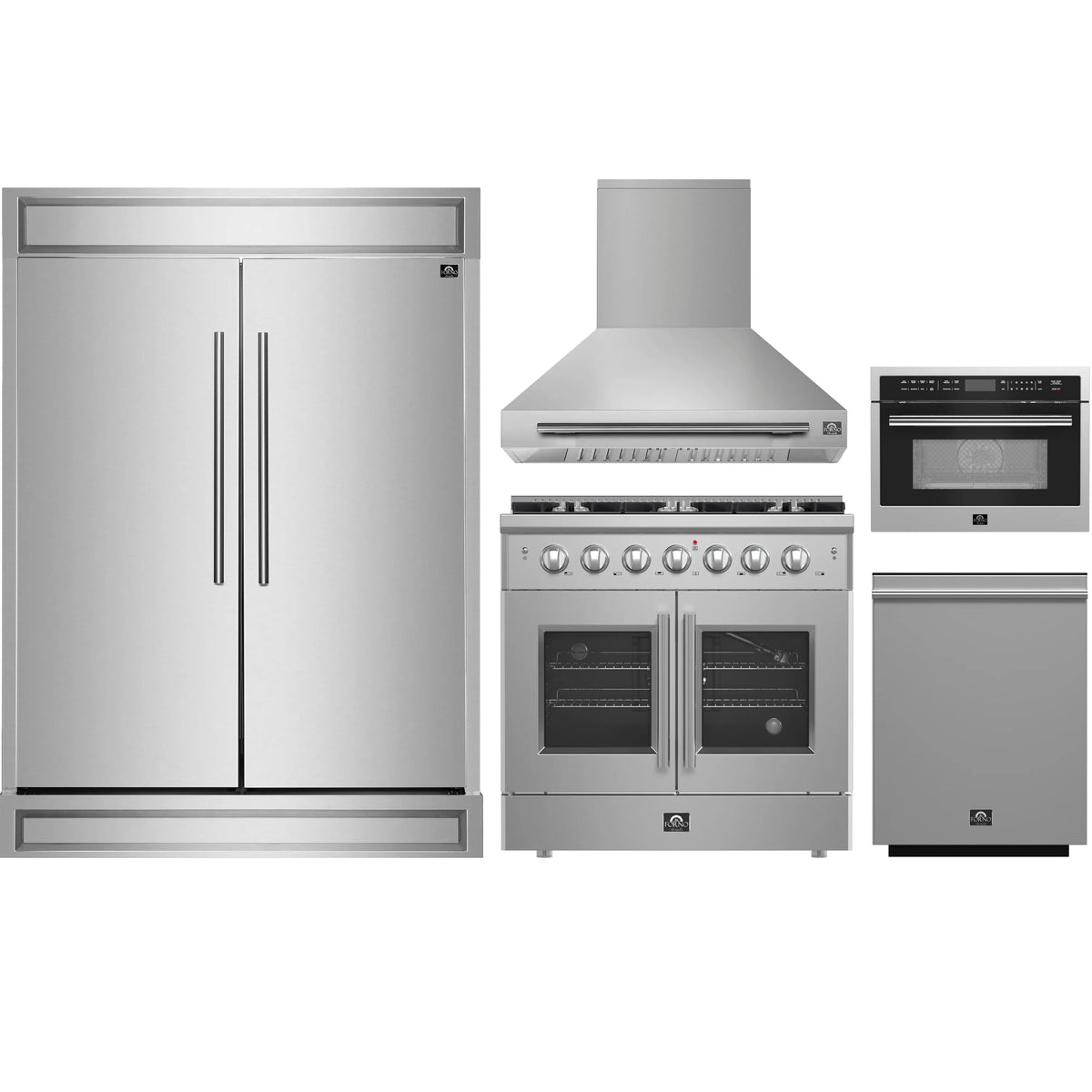 Forno 5-Piece Appliance Package - 36-inch Gas Range, Hood, Refrigerator, Dishwasher and 24-Inch Microwave Oven in Stainless Steel