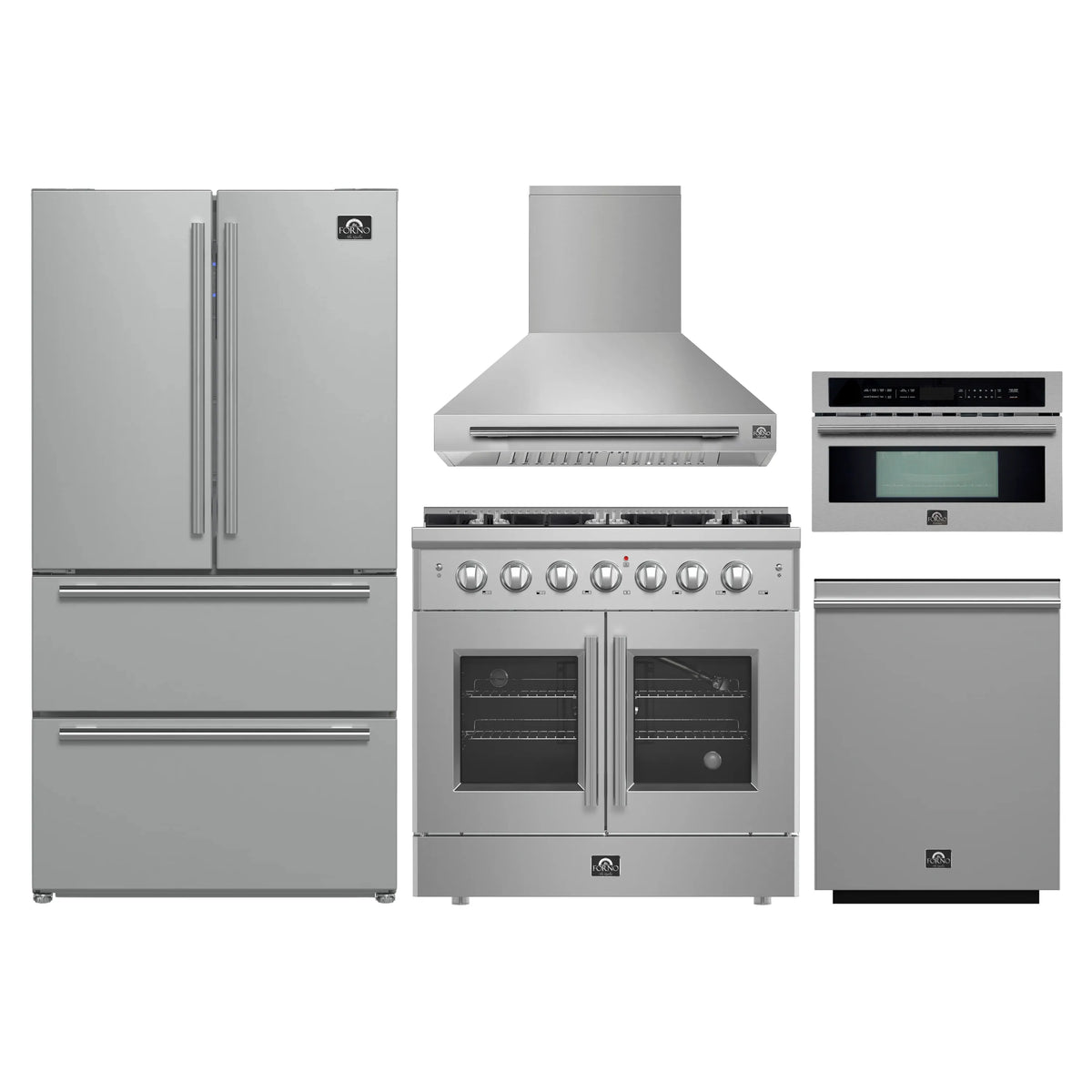 Forno 5-Piece Appliance Package - 36-inch Gas Range, Hood, Refrigerator, Dishwasher and 30-Inch Microwave Oven in Stainless Steel