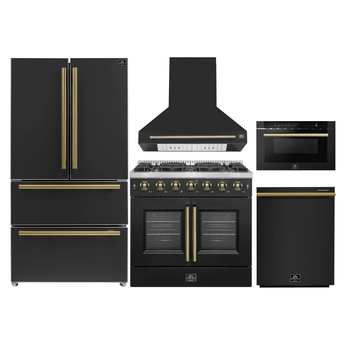 Forno 5-Piece Appliance Package - 36-inch Gas Range, Hood, Refrigerator, Dishwasher and 24-Inch Microwave Drawer in Black with Antique Brass Trim