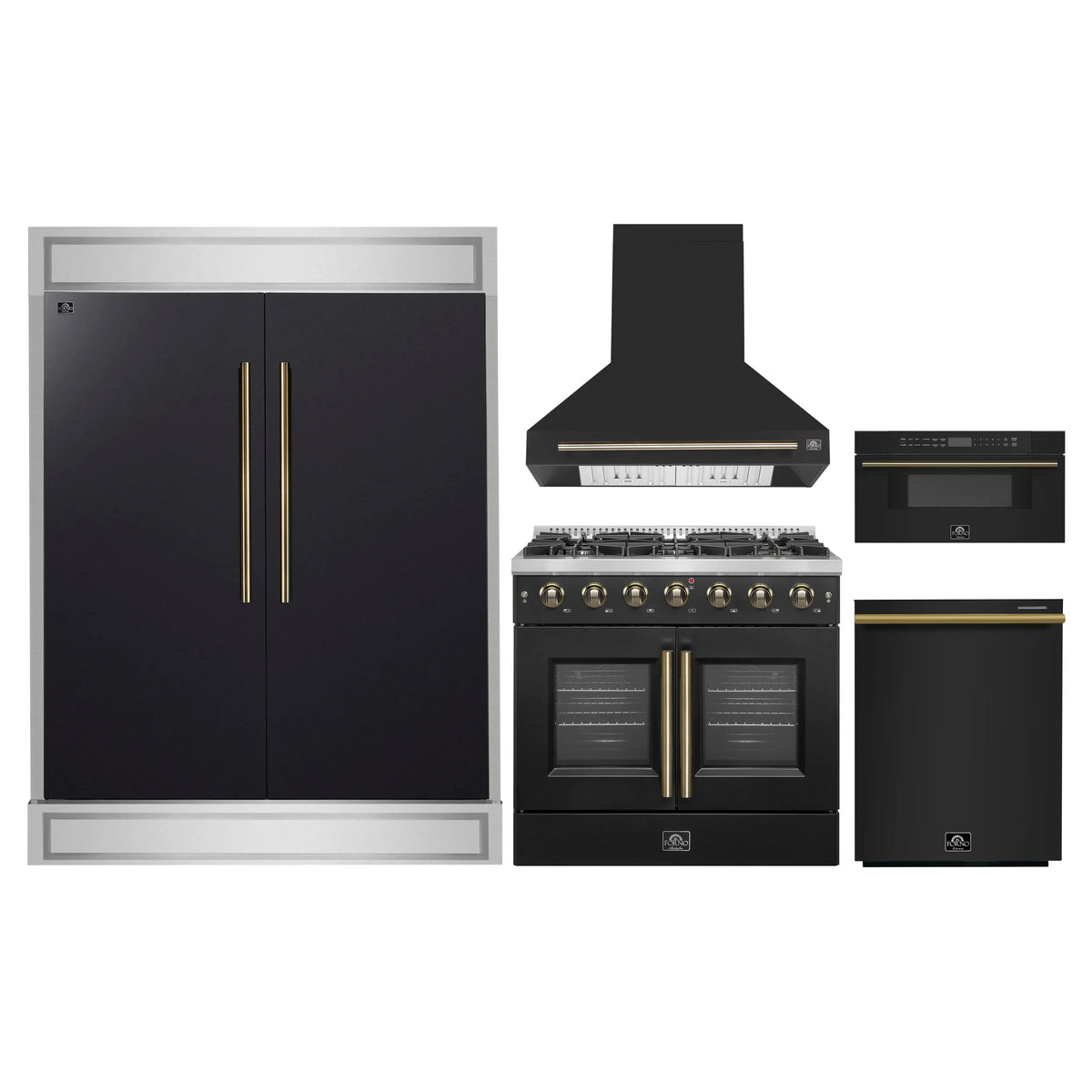 Forno 5-Piece Appliance Package - 36-inch Gas Range, Hood, Refrigerator, Dishwasher and 30-Inch Microwave Drawer in Black with Antique Brass Trim