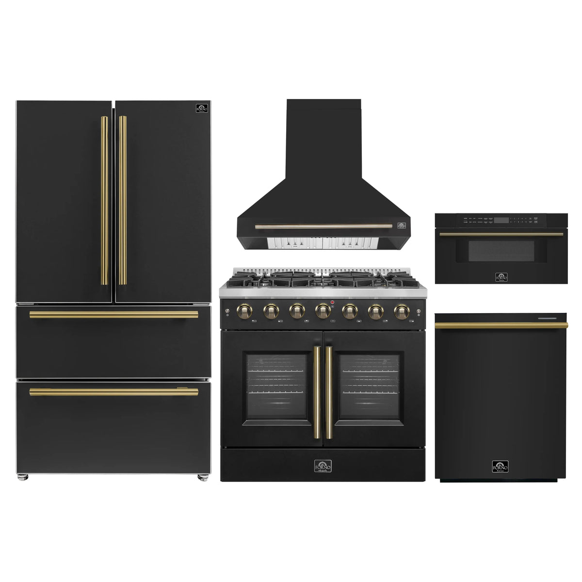 Forno 5-Piece Appliance Package - 36-inch Gas Range, Hood, Refrigerator, Dishwasher and 30-Inch Microwave Drawer in Black with Antique Brass Trim