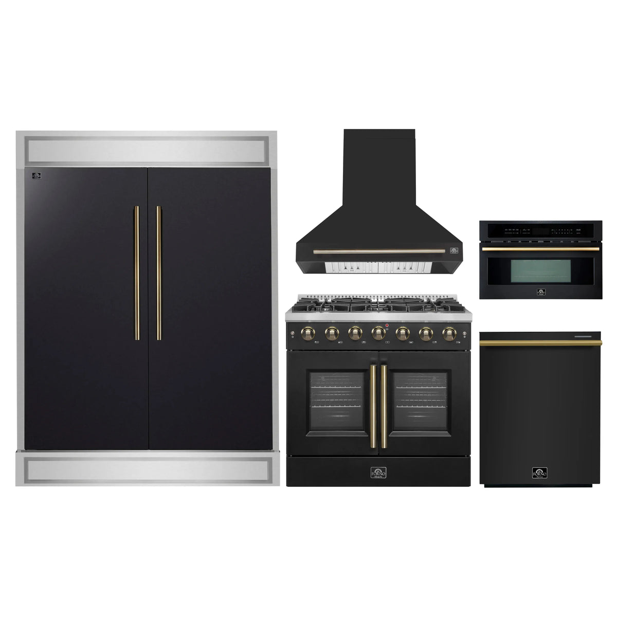 Forno 5-Piece Appliance Package - 36-inch Gas Range, Hood, Refrigerator, Dishwasher and 30-Inch Microwave Oven in Black with Antique Brass Trim