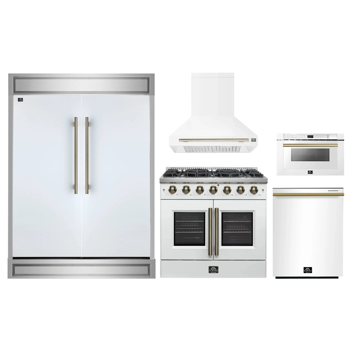Forno 5-Piece Appliance Package - 36-inch Gas Range, Hood, Refrigerator, Dishwasher and 24-Inch Microwave Drawer in White with Antique Brass Trim