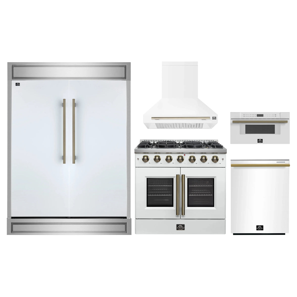 Forno 5-Piece Appliance Package - 36-inch Gas Range, Hood, Refrigerator, Dishwasher and 30-Inch Microwave Drawer in White with Antique Brass Trim