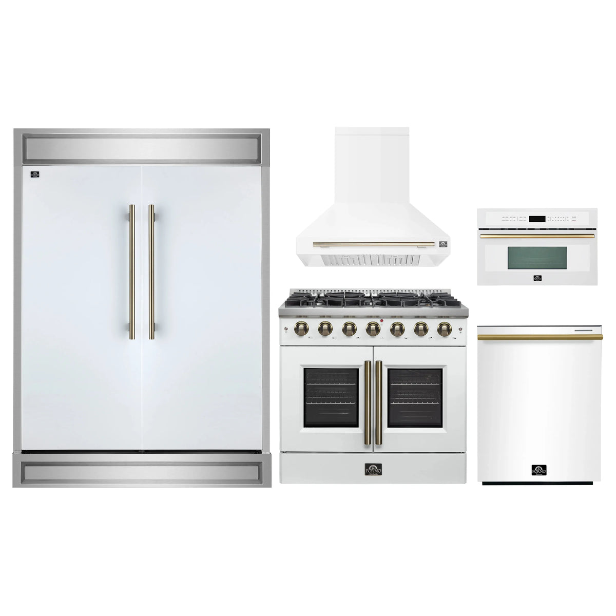Forno 5-Piece Appliance Package - 36-inch Gas Range, Hood, Refrigerator, Dishwasher and 30-Inch Microwave Oven in White with Antique Brass Trim