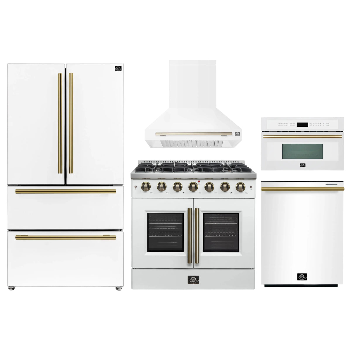 Forno 5-Piece Appliance Package - 36-inch Gas Range, Hood, Refrigerator, Dishwasher and 30-Inch Microwave Oven in White with Antique Brass Trim