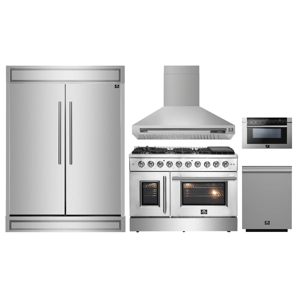 Forno 5-Piece Appliance Package - 48-inch Gas Range, Hood, Refrigerator, Dishwasher and 24-Inch Microwave Drawer in Stainless Steel