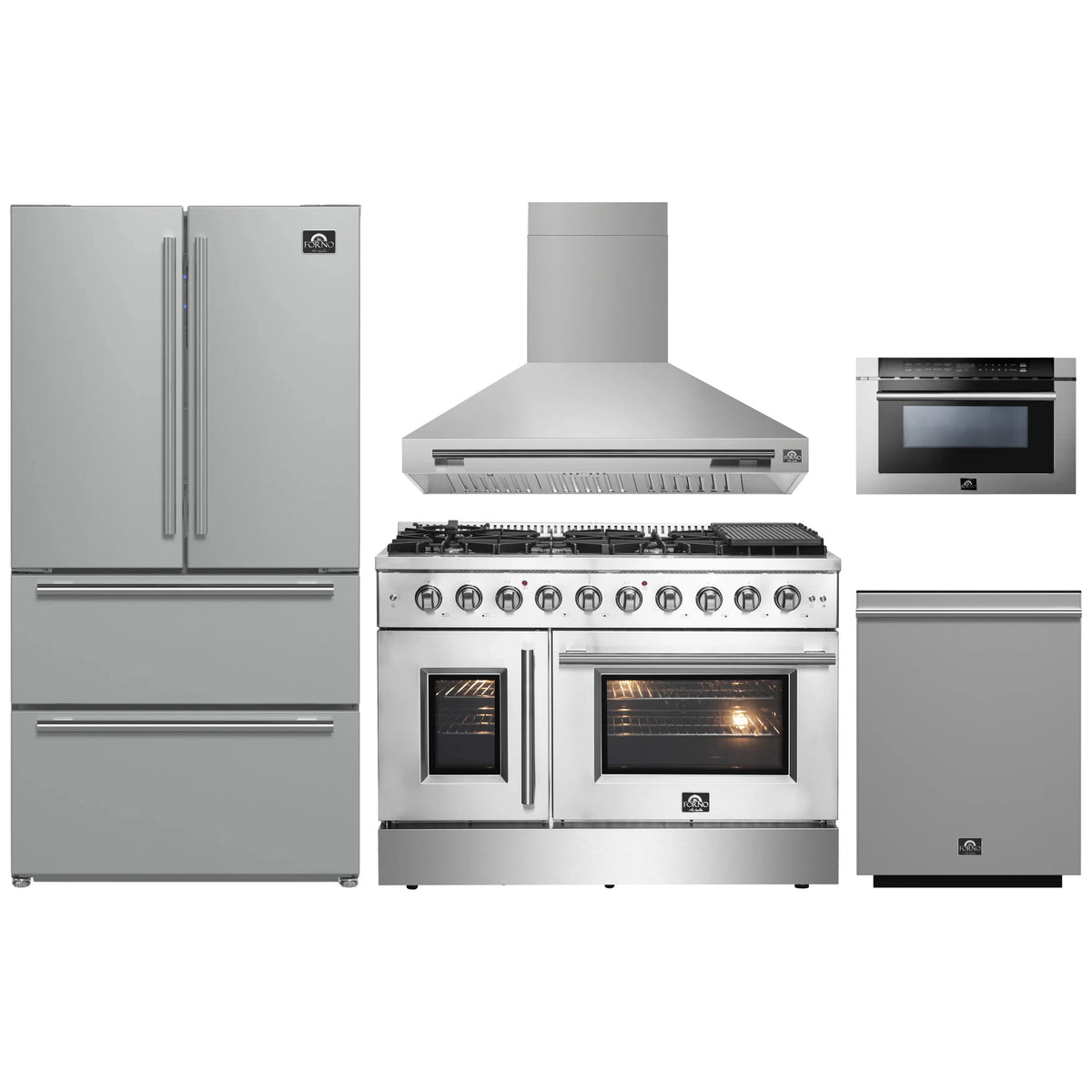 Forno 5-Piece Appliance Package - 48-inch Gas Range, Hood, Refrigerator, Dishwasher and 24-Inch Microwave Drawer in Stainless Steel