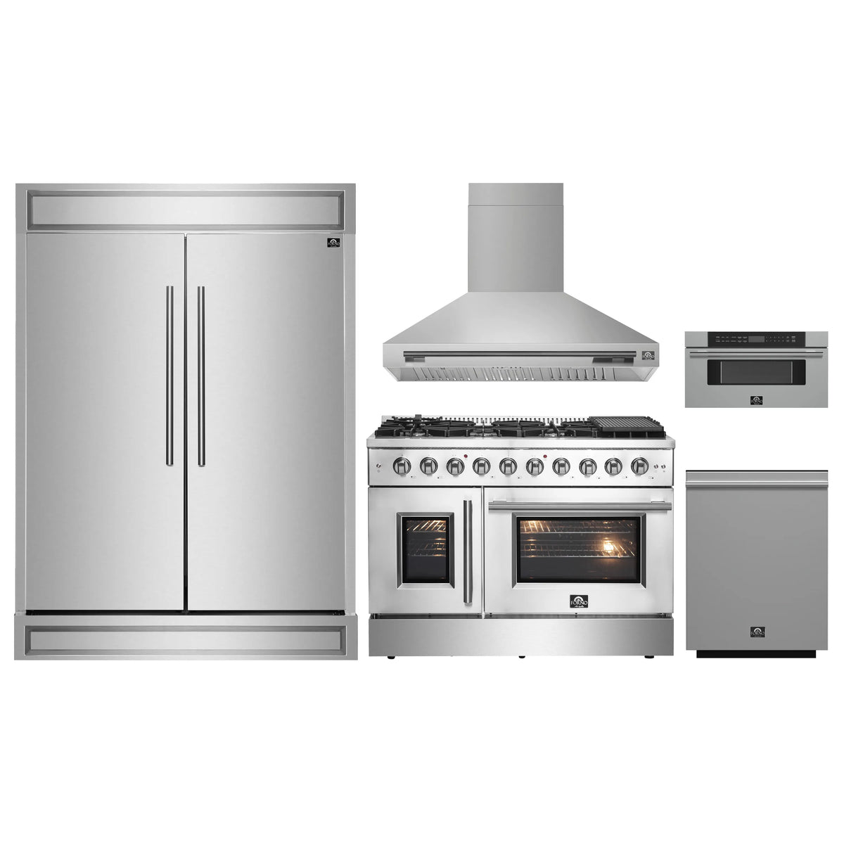 Forno 5-Piece Appliance Package - 48-inch Gas Range, Hood, Refrigerator, Dishwasher and 30-Inch Microwave Drawer in Stainless Steel
