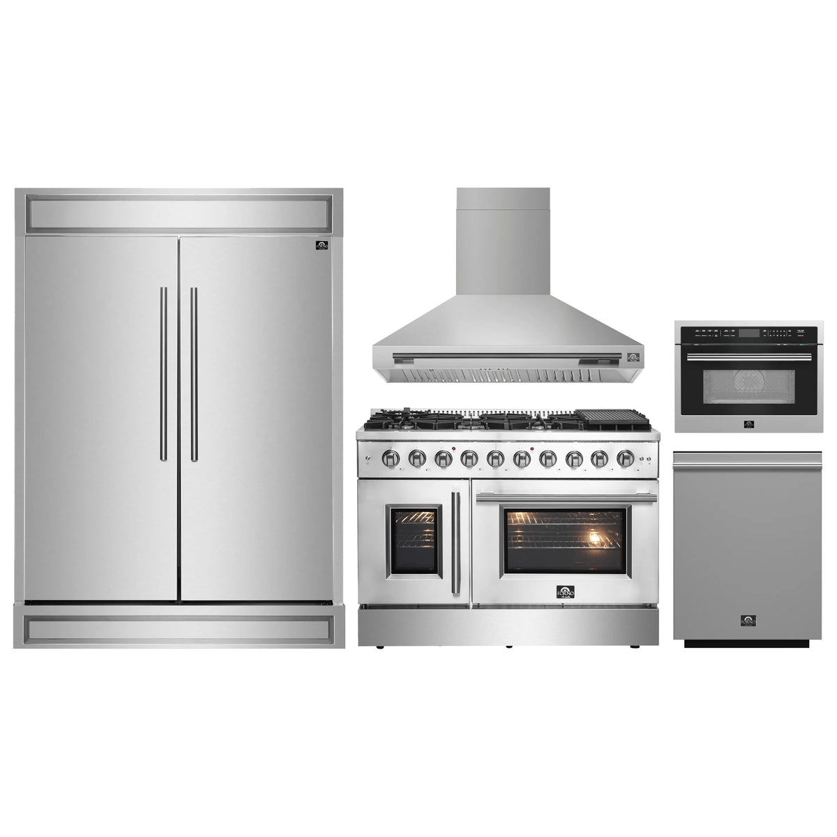 Forno 5-Piece Appliance Package - 48-inch Gas Range, Hood, Refrigerator, Dishwasher and 24-Inch Microwave Oven in Stainless Steel