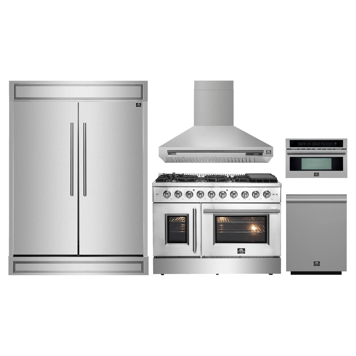 Forno 5-Piece Appliance Package - 48-inch Gas Range, Hood, Refrigerator, Dishwasher and 30-Inch Microwave Oven in Stainless Steel