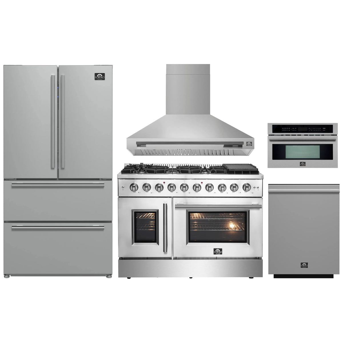 Forno 5-Piece Appliance Package - 48-inch Gas Range, Hood, Refrigerator, Dishwasher and 30-Inch Microwave Oven in Stainless Steel
