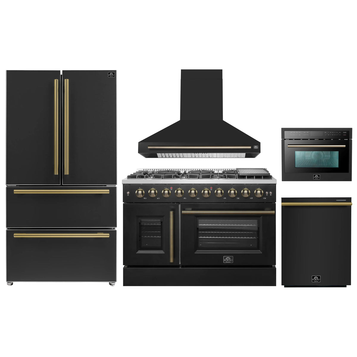 Forno 5-Piece Appliance Package - 48-inch Gas Range, Hood, Refrigerator, Dishwasher and 24-Inch Microwave Oven in Black with Antique Brass Trim