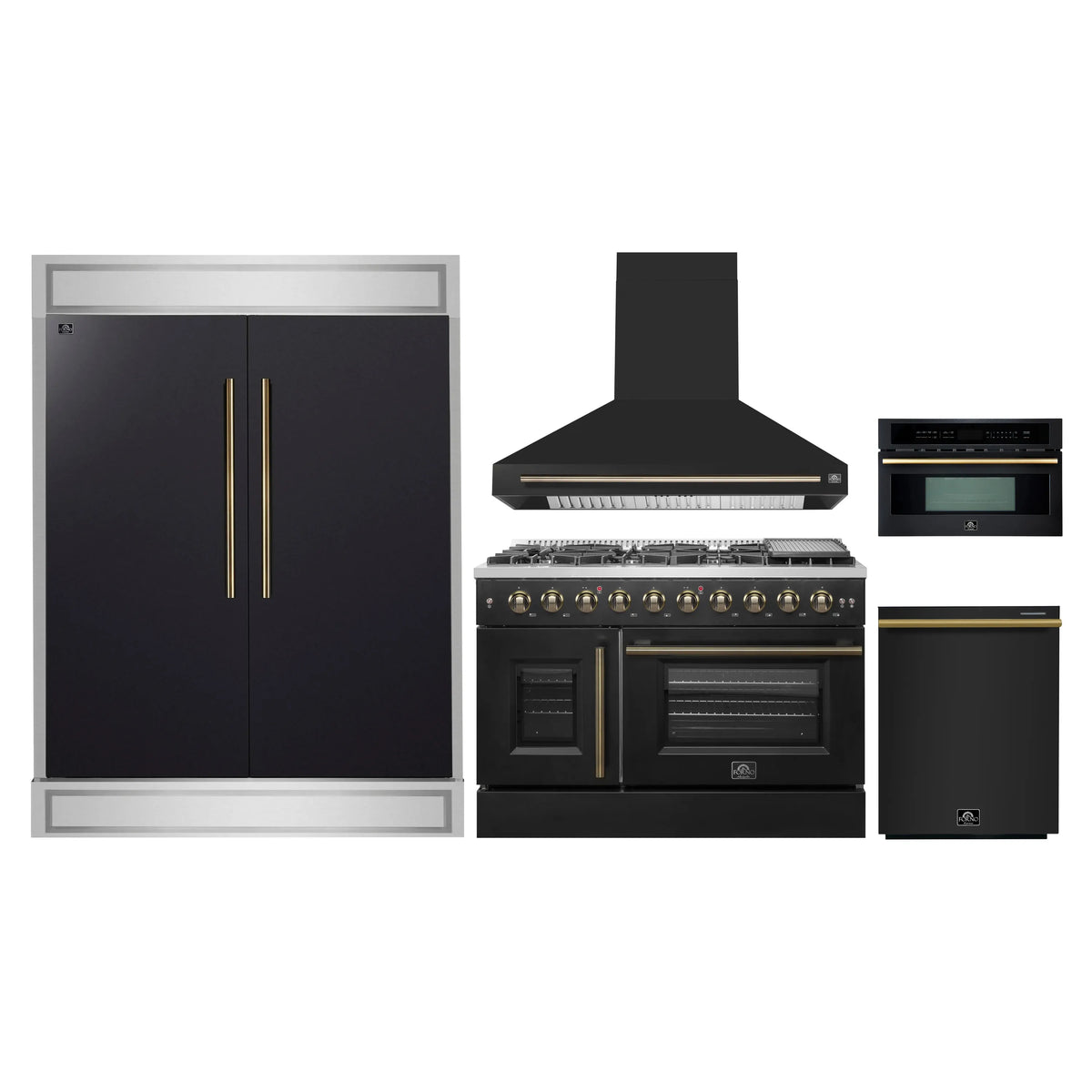 Forno 5-Piece Appliance Package - 48-inch Gas Range, Hood, Refrigerator, Dishwasher and 30-Inch Microwave Oven in Black with Antique Brass Trim
