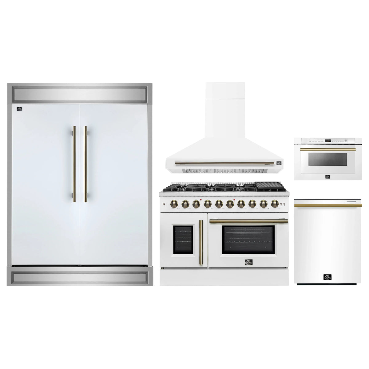 Forno 5-Piece Appliance Package - 48-inch Gas Range, Hood, Refrigerator, Dishwasher and 24-Inch Microwave Drawer in White with Antique Brass Trim