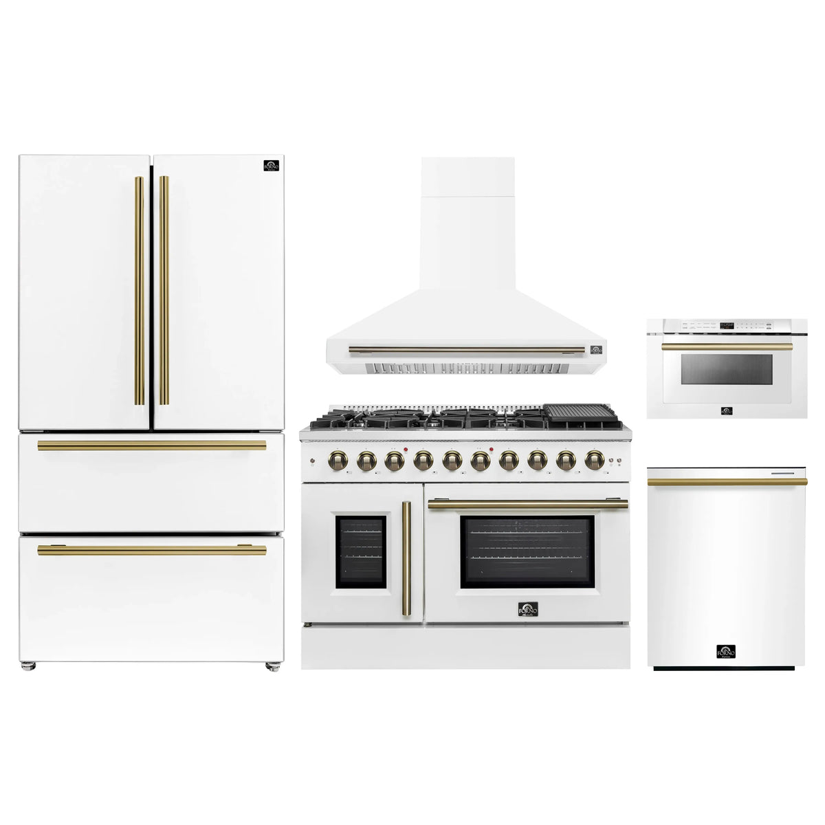 Forno 5-Piece Appliance Package - 48-inch Gas Range, Hood, Refrigerator, Dishwasher and 24-Inch Microwave Drawer in White with Antique Brass Trim