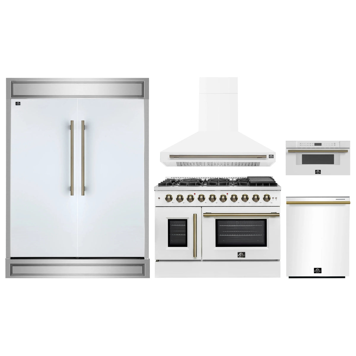 Forno 5-Piece Appliance Package - 48-inch Gas Range, Hood, Refrigerator, Dishwasher and 30-Inch Microwave Drawer in White with Antique Brass Trim