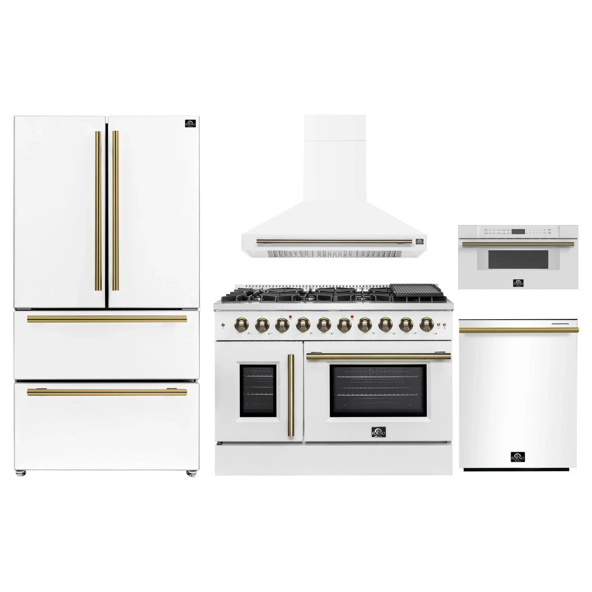 Forno 5-Piece Appliance Package - 48-inch Gas Range, Hood, Refrigerator, Dishwasher and 30-Inch Microwave Drawer in White with Antique Brass Trim