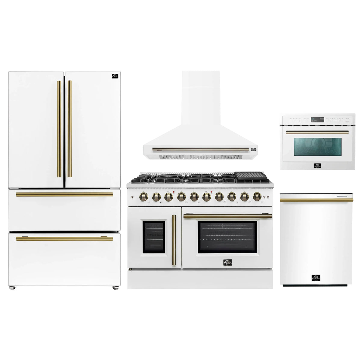 Forno 5-Piece Appliance Package - 48-inch Gas Range, Hood, Refrigerator, Dishwasher and 24-Inch Microwave Oven in White with Antique Brass Trim