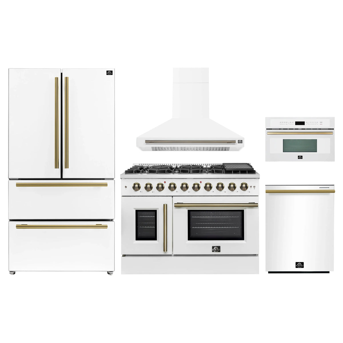 Forno 5-Piece Appliance Package - 48-inch Gas Range, Hood, Refrigerator, Dishwasher and 30-Inch Microwave Oven in White with Antique Brass Trim
