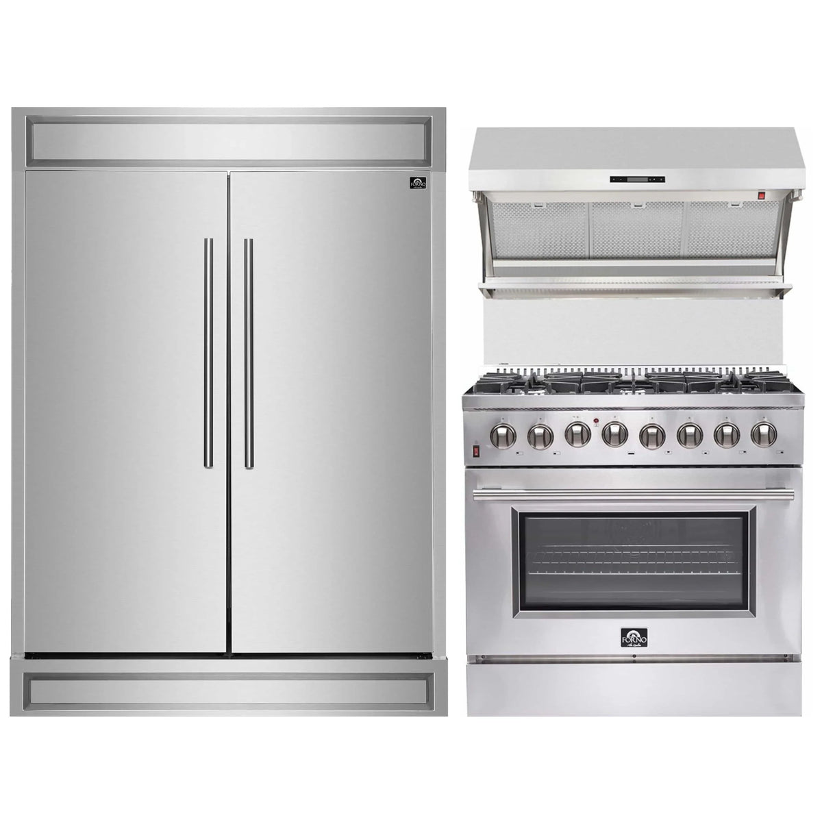 Forno 3-Piece Appliance Package - 36-Inch Dual Fuel Range, 60-Inch Pro-Style Refrigerator & Wall Mount Hood with Backsplash in Stainless Steel
