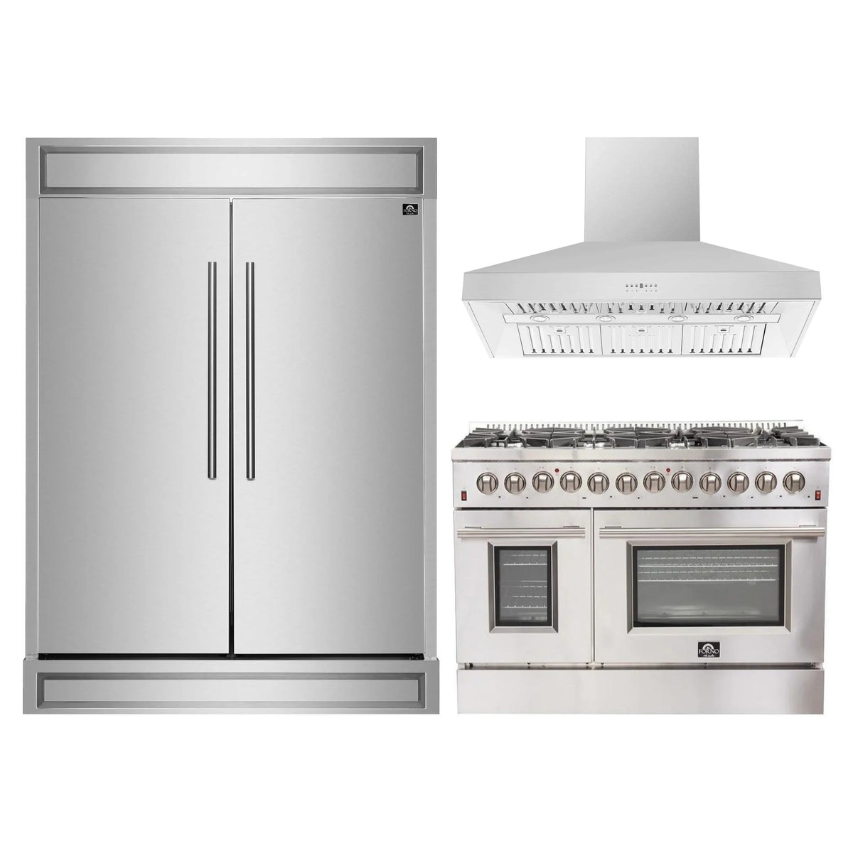 Forno 3-Piece Appliance Package - 48-Inch Dual Fuel Range, 60-Inch Pro-Style Refrigerator & Wall Mount Hood in Stainless Steel