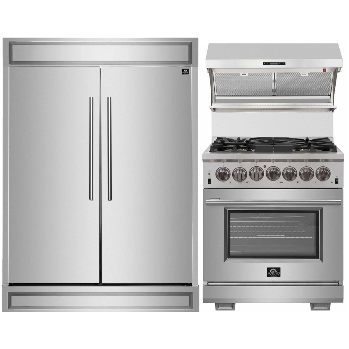 Forno 3-Piece Appliance Package - 30-Inch Dual Fuel Range, 60-Inch Pro-Style Refrigerator & Wall Mount Hood with Backsplash in Stainless Steel