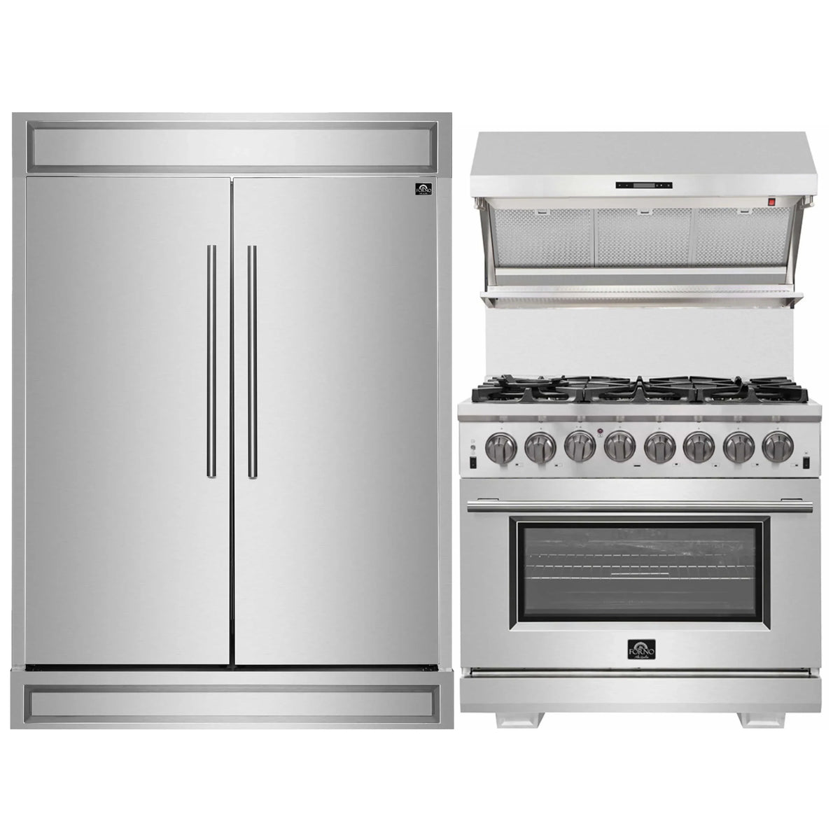 Forno 3-Piece Appliance Package - 36-Inch Dual Fuel Range, 60-Inch Pro-Style Refrigerator & Wall Mount Hood with Backsplash in Stainless Steel