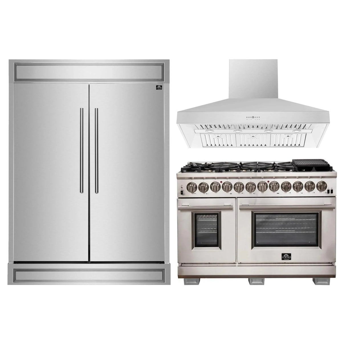 Forno 3-Piece Pro Appliance Package - 48-Inch Dual Fuel Range, 60-Inch Pro-Style Refrigerator & Wall Mount Hood in Stainless Steel
