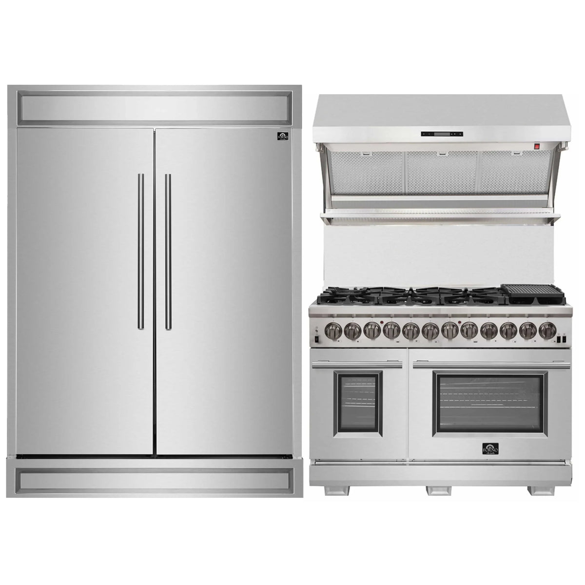 Forno 3-Piece Appliance Package - 48-Inch Dual Fuel Range, 60-Inch Pro-Style Refrigerator & Wall Mount Hood with Backsplash in Stainless Steel
