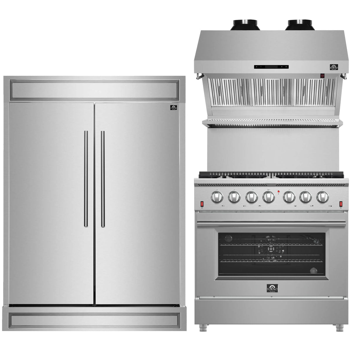 Forno 3-Piece Appliance Package - 36-Inch Gas Range, 60-Inch Pro-Style Refrigerator & Wall Mount Hood with Backsplash in Stainless Steel