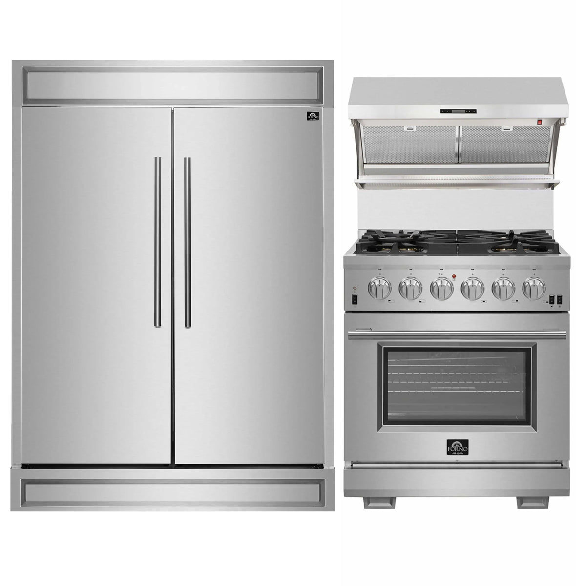 Forno 3-Piece Appliance Package - 30-Inch Gas Range, 60-Inch Pro-Style Refrigerator & Wall Mount Hood with Backsplash in Stainless Steel