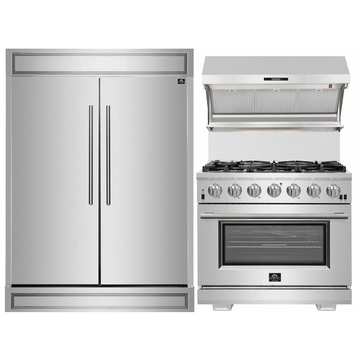 Forno 3-Piece Appliance Package - 36-Inch Gas Range, 60-Inch Pro-Style Refrigerator & Wall Mount Hood with Backsplash in Stainless Steel