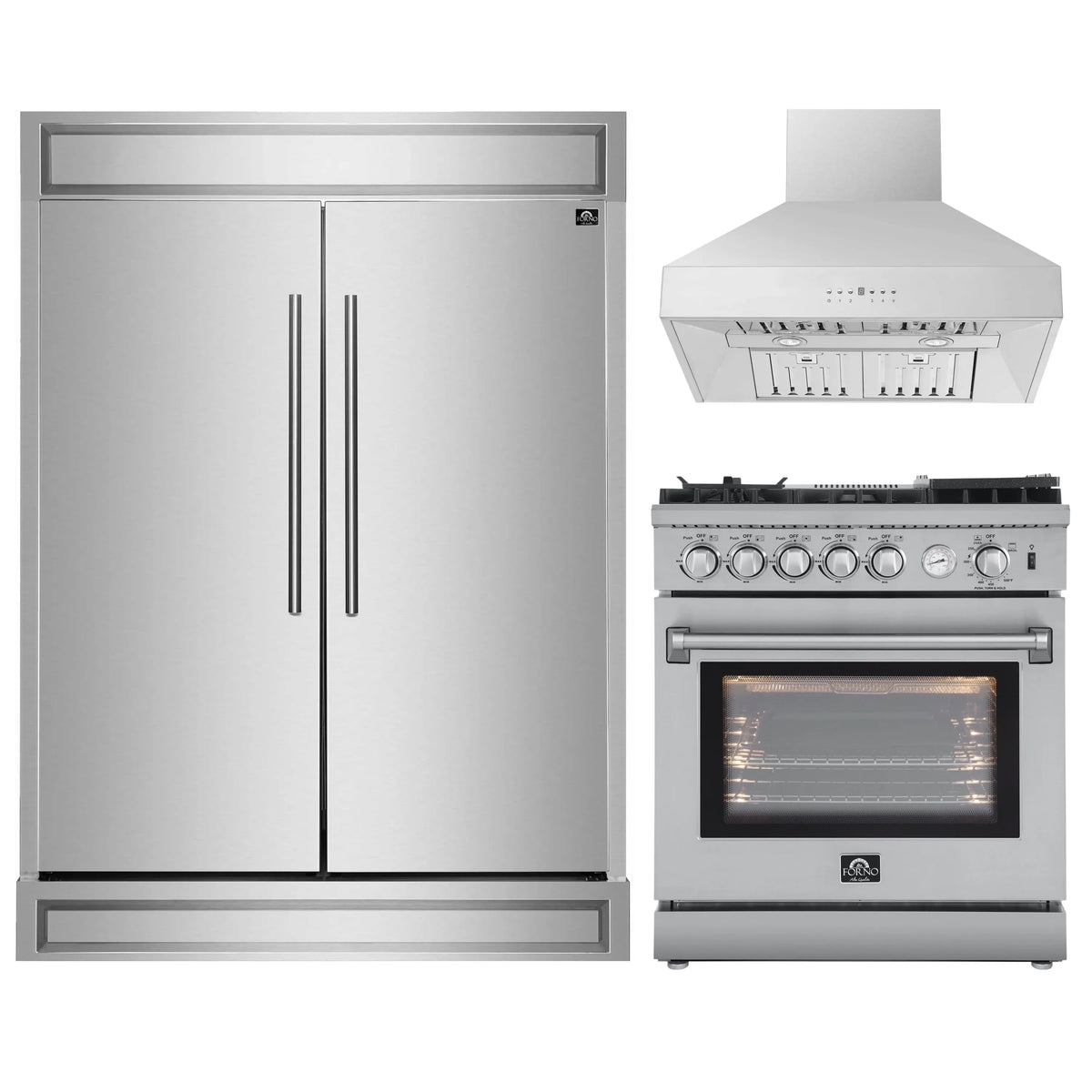 Forno 3-Piece Appliance Package - 30-Inch Gas Range with Air Fryer, 60-Inch Pro-Style Refrigerator & Wall Mount Hood in Stainless Steel