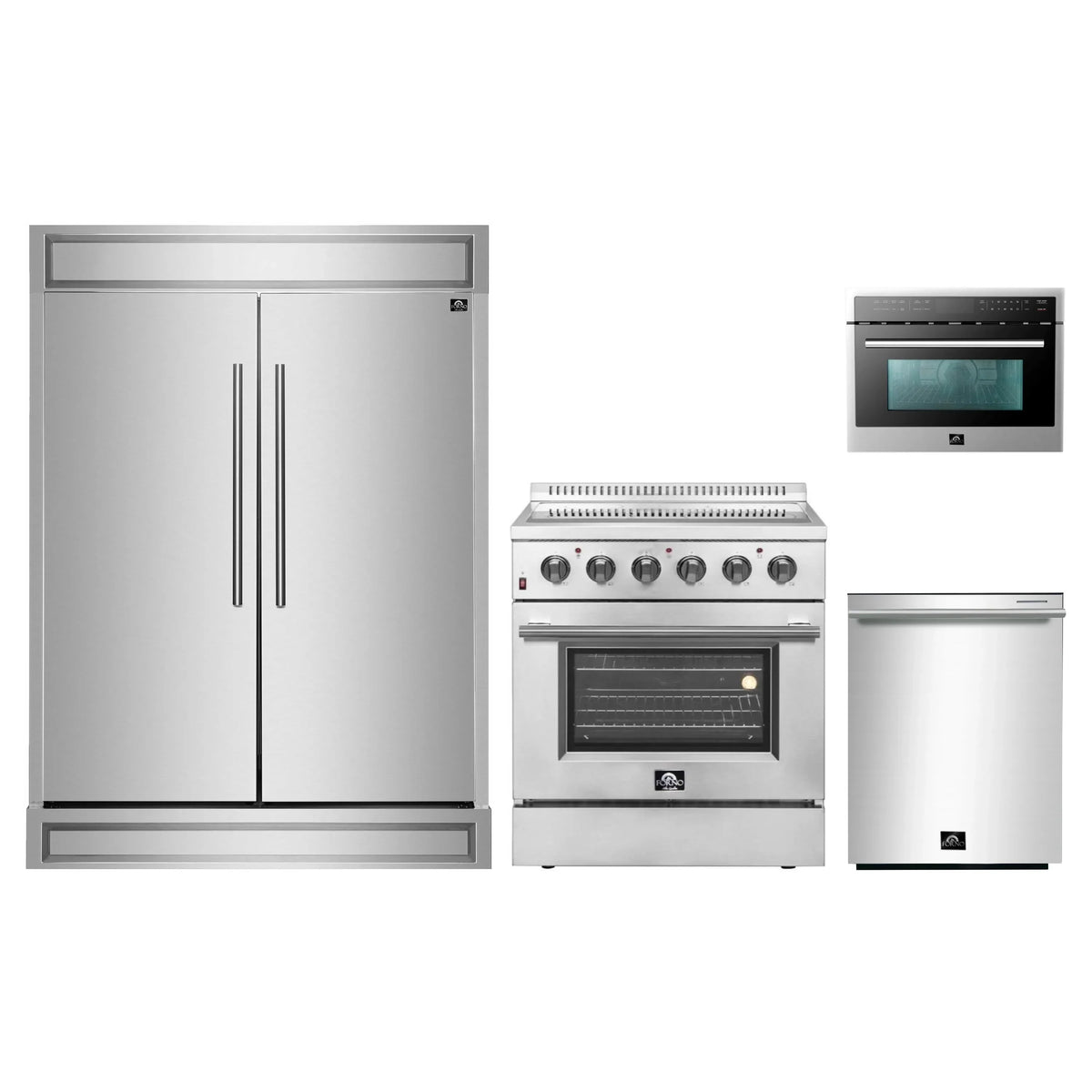 Forno 4-Piece Appliance Package - 30-Inch Electric Range, Pro-Style Refrigerator, Dishwasher, and 24-Inch Microwave Oven in Stainless Steel