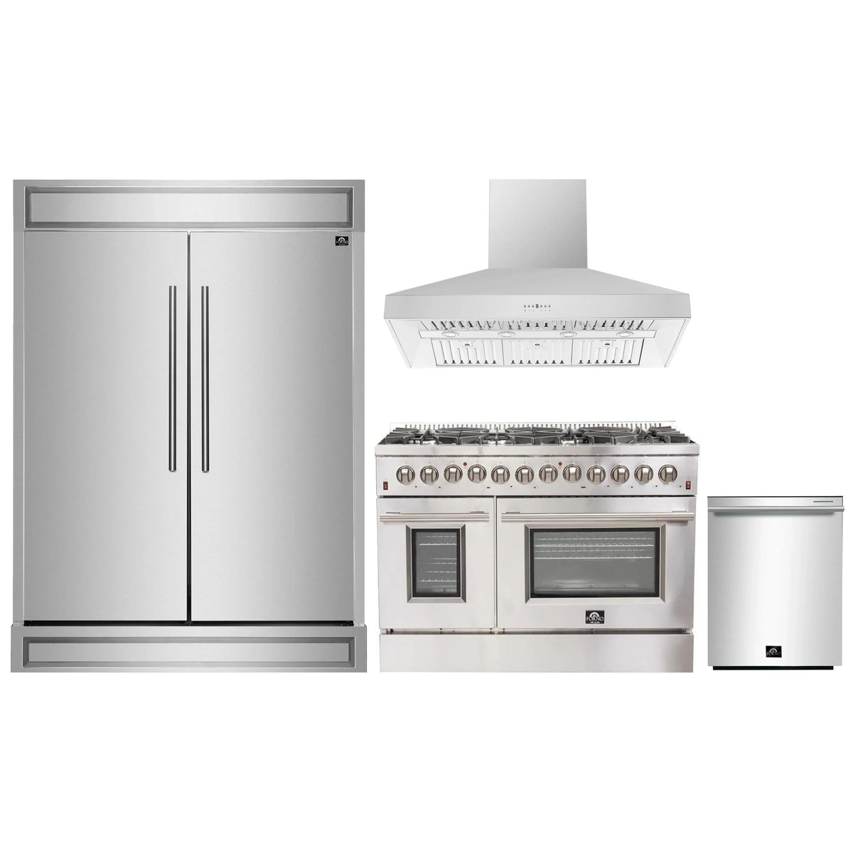 Forno 4-Piece Appliance Package - 48-Inch Dual Fuel Range, 60-Inch Pro-Style Refrigerator, Wall Mount Hood, & 3-Rack Dishwasher in Stainless Steel