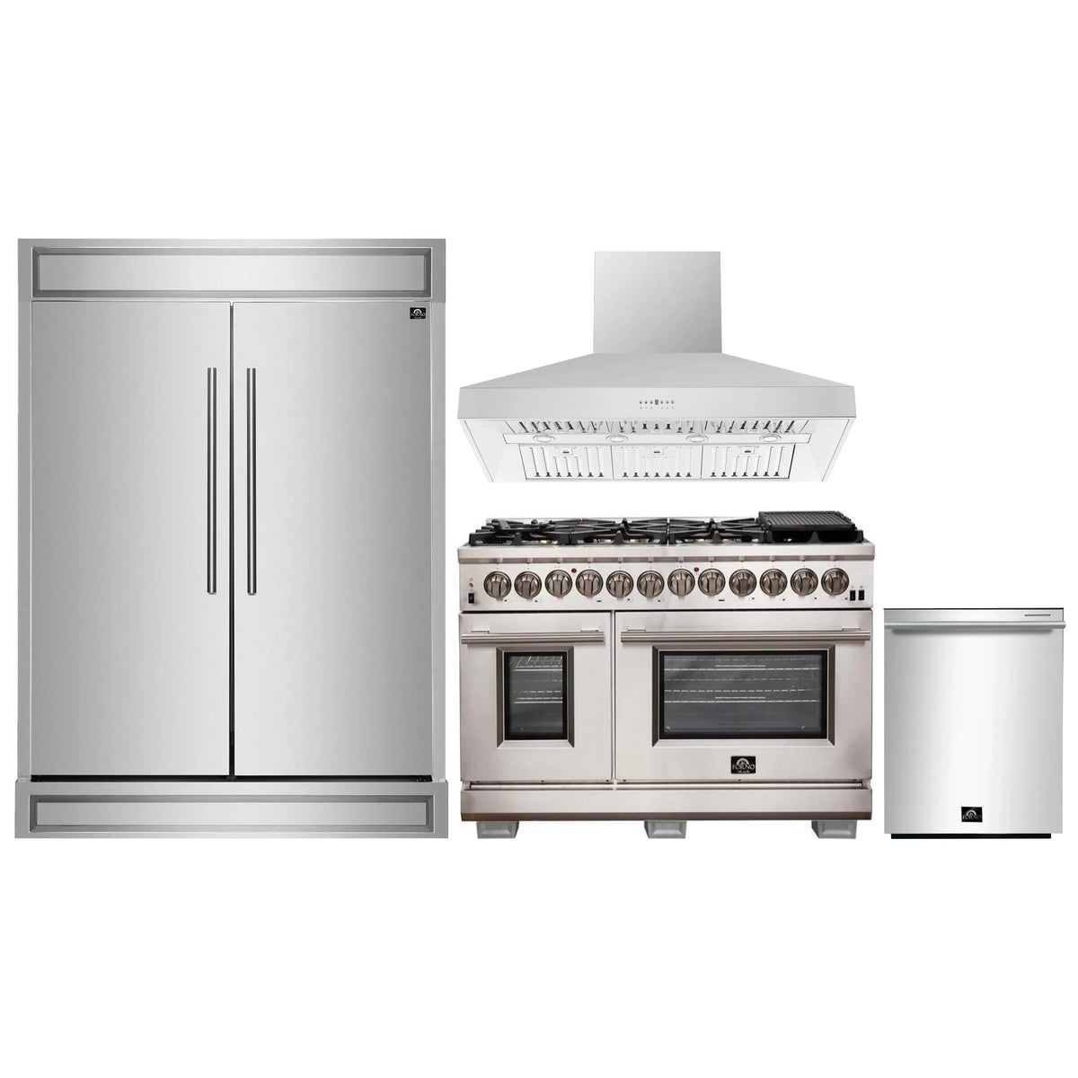 Forno 4-Piece Pro Appliance Package - 48-Inch Dual Fuel Range, 60-Inch Pro-Style Refrigerator, Wall Mount Hood, & 3-Rack Dishwasher in Stainless Steel