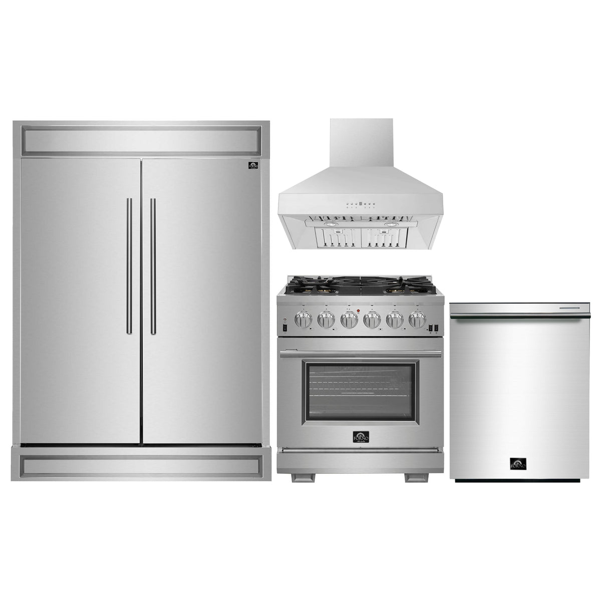 Forno 4-Piece Pro Appliance Package - 30-Inch Gas Range, 60-Inch Pro-Style Refrigerator, Wall Mount Hood, & 3-Rack Dishwasher in Stainless Steel
