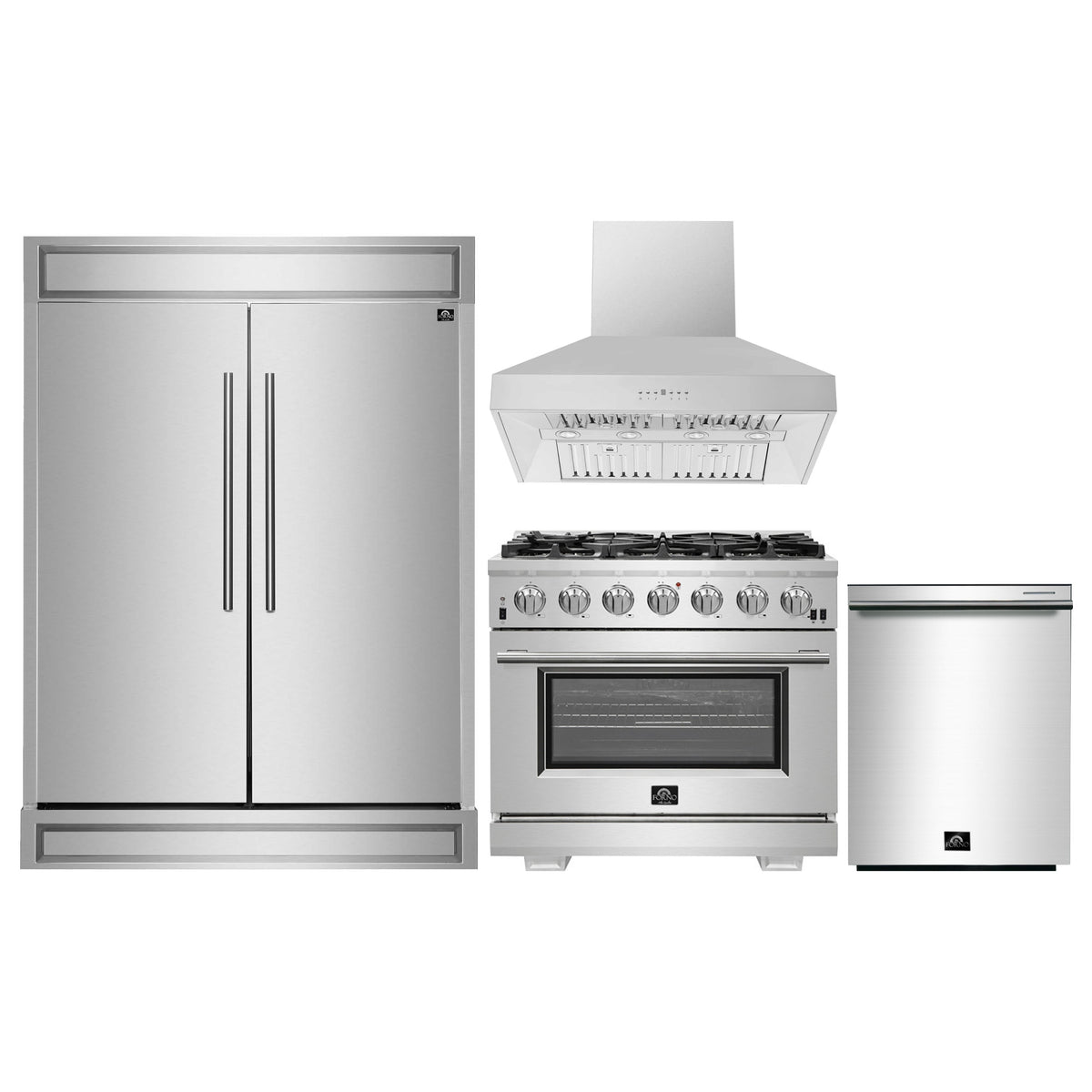 Forno 4-Piece Pro Appliance Package - 36-Inch Gas Range, 60-Inch Pro-Style Refrigerator, Wall Mount Hood, & 3-Rack Dishwasher in Stainless Steel