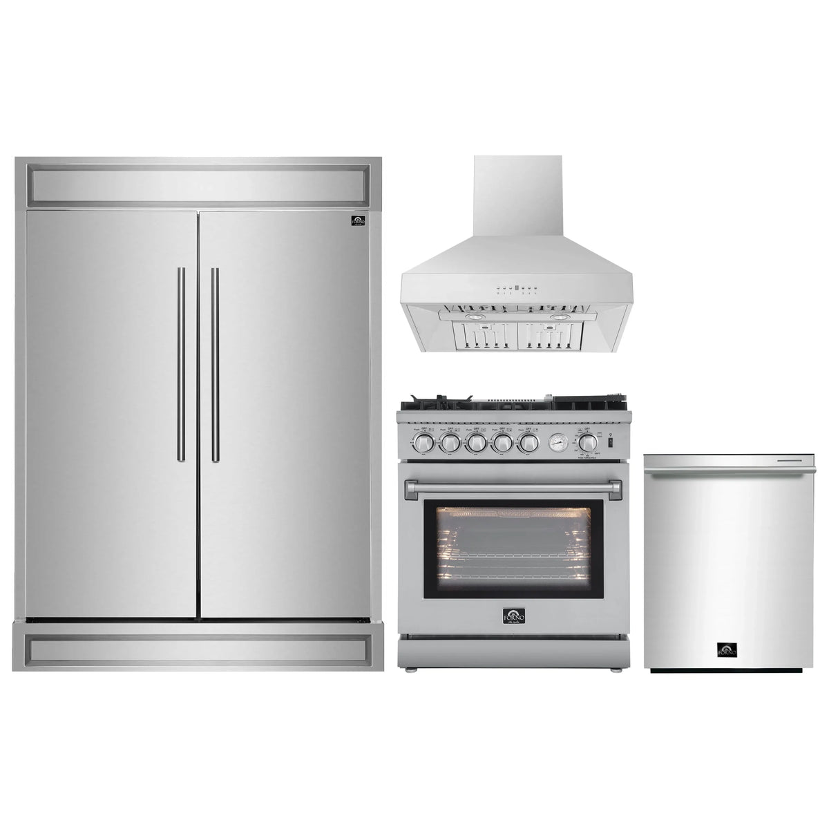 Forno 4-Piece Appliance Package - 30-Inch Gas Range with Air Fryer, 60-Inch Pro-Style Refrigerator, Wall Mount Hood, & 3-Rack Dishwasher in Stainless Steel