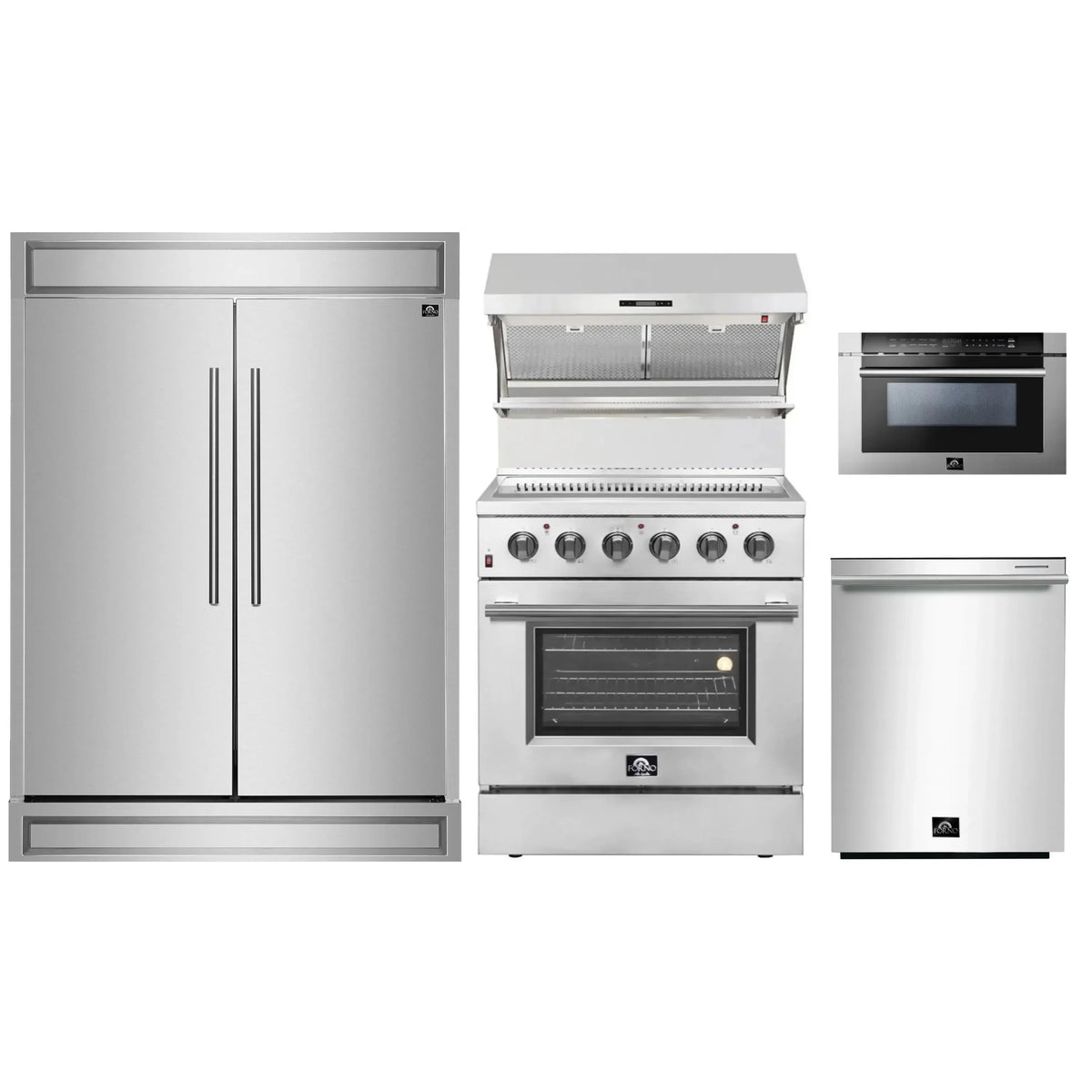 Forno 5-Piece Appliance Package - 30-Inch Electric Range, Wall Mount Range Hood with Backsplash, Pro-Style Refrigerator, Dishwasher, and 24-Inch Microwave Drawer in Stainless Steel